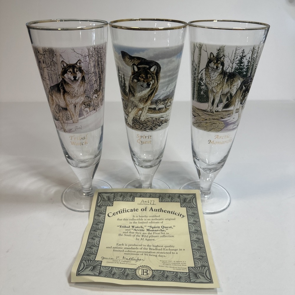 Bradford Exchange Al Agnew Souls of the Wild Wolf Pilsner Glass Set of 3‎ COA